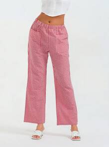 Women Wide Leg Pants Casual Plaid Print Loose Elastic Waist Trousers For Work Office Streetwear - Red - View 4