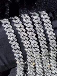 1pc 15mm Shiny Thick Chain Design, Rhinestone Inlaid Hip Hop Bracelet + Necklace Set, Suitable For Daily Wear And Party Decoration - Hip Hop Necklace Set - View 6