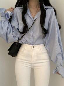 Women's Casual Lapel Striped Long Sleeve Loose Button-Up Blouse Shirt - Blue - View 3