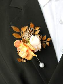 1pc Champagne Colored Groom Wedding Boutonniere, European Style Flower Brooch Decor For Wedding, Banquet, Business Meeting