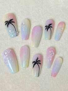 10pcs Dreamy Tie Dye Macaron Color Hand-Painted Minimalist Palm Tree Pattern Nail Tips Press On Nails - Multicolor - View 3