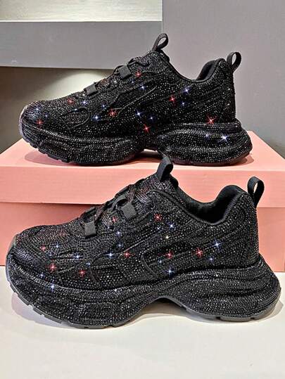 女士黑色水钻厚底运动鞋，2025 年春秋季时尚 Ins 风格增高休闲运动鞋