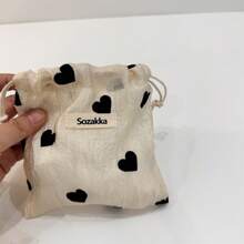 1pc Mini Drawstring Storage Bag, Black Heart Pattern, Fabric Organizer For Miscellaneous Items And Small Objects, Portable Toiletry Bag, Lightweight Foldable Design,Makeup Bag,Travel Essential - Champagne - View 7