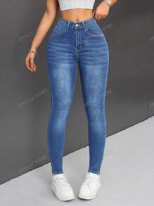 Jeans Mujer De Mezclilla Jeans ajustados de cintura alta para mujer, mezclilla elástica, estilo casual, azul clásico, pantalón largo, ropa de uso diario a la moda Vaqueros Ajustados De Cintura Alta Lavados