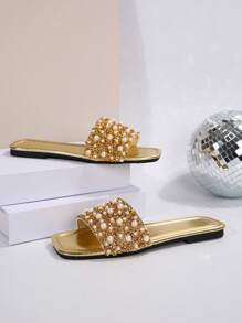 Fashionable Luxury Women Flat Slide Sandals With Pearl And Rhinestone Decoration, Square Toe Slip-On Flat Shoes, Comfortable Footwear In Multiple Colors, Suitable For Stylish Outfits