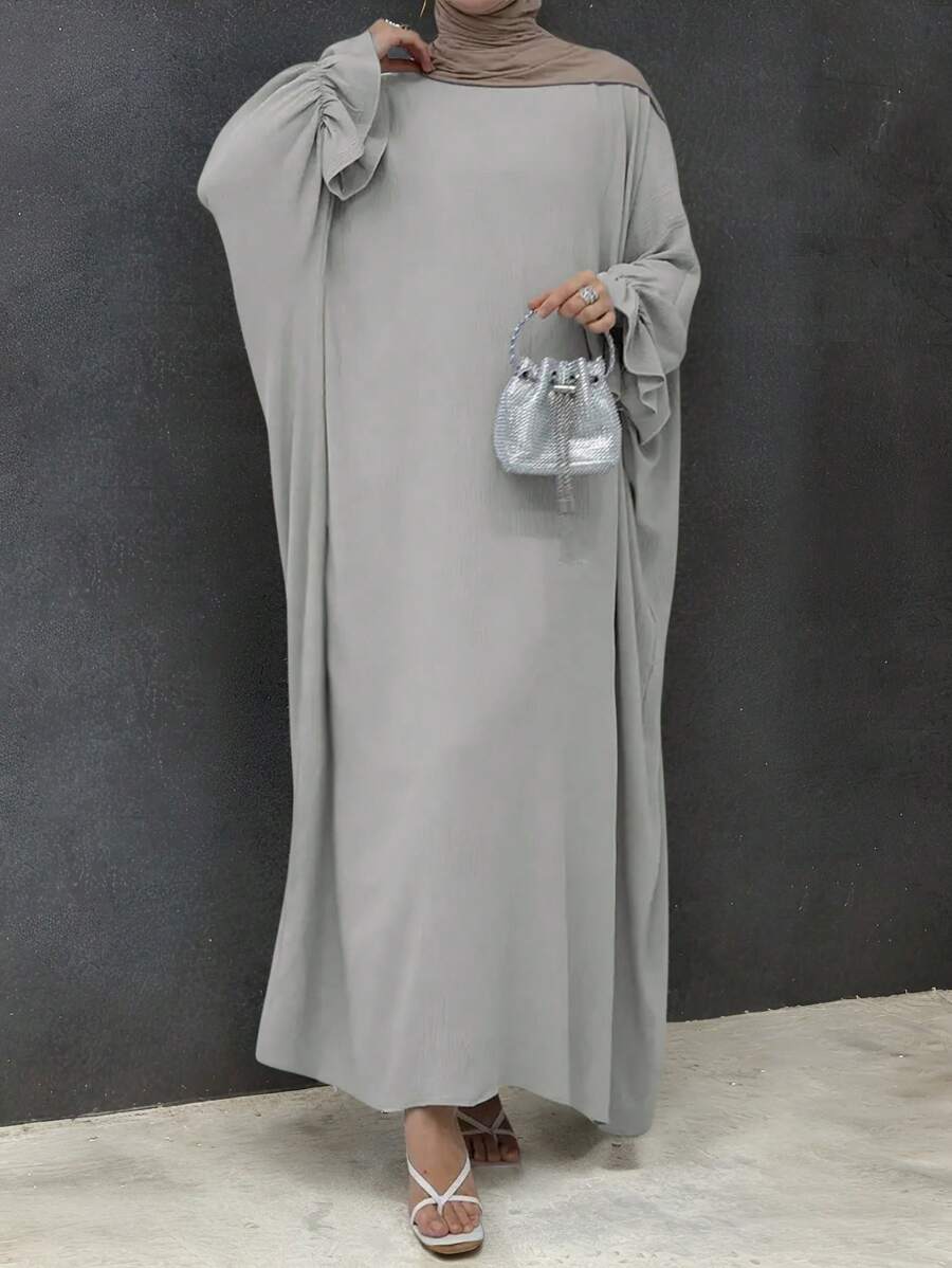 休闲编织纹理圆领套头衫，荷叶边喇叭袖宽松长裙