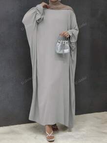 Abito lungo ampio con maniche a volant, scollo rotondo, con texture intrecciata, in stile casual