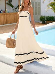 Women's Summer Flowy Dress Casual Sleeveless Beach Holiday Dress With Thin Straps - 淺米色 - 查看 4