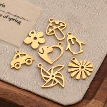 Juego de 7 colgantes de flor, seta y pingüino pulidos y huecos de acero inoxidable dorado para hacer collares, pulseras y llaveros de joyería DIY