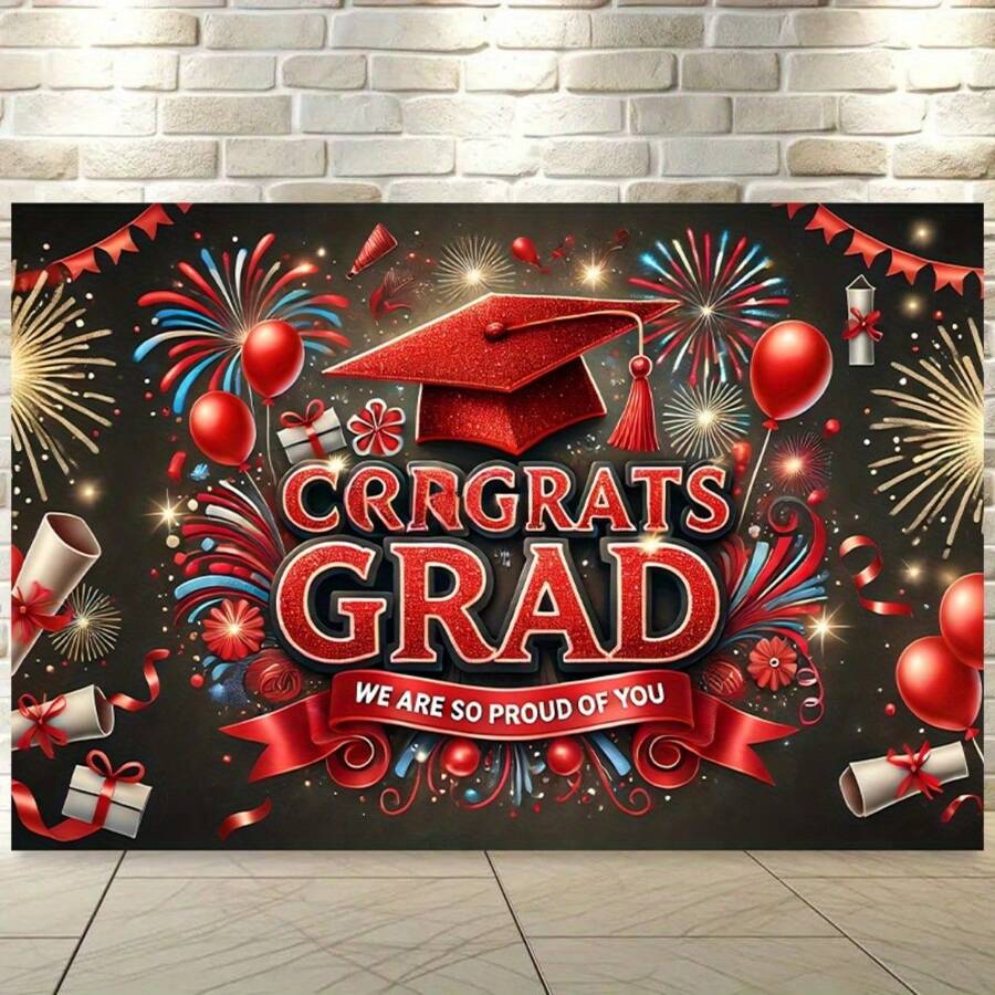 1 Graduation Celebration Background Banner - Vibrant Polyester Fiber Party Decoration With "Congratulations To Graduates" Design, Fireworks And Graduation Hat, Suitable For Indoor/Outdoor Use, Studio Props And Photo Booth, Graduation Party Decoration - Multicolor - View 1