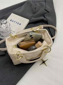 女士新款菱形图案手提包、托特包和斜挎包，简约时尚 - 米色 - 查看 9