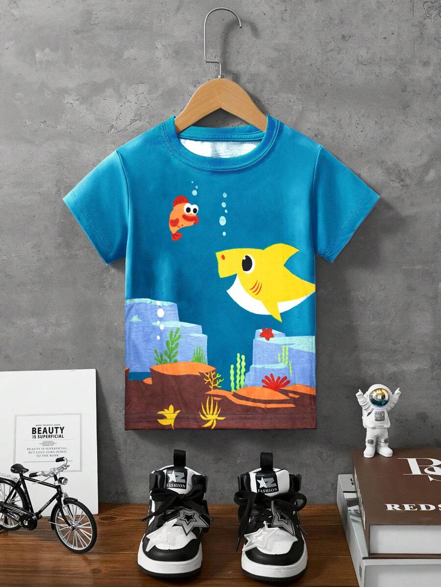 Young Boy Short Sleeve Tee, Cartoon Fish Pattern, Breathable Casual Style For Summer