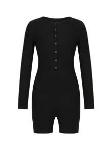 Women's V-Neck High Waist Playsuit, Casual Solid Color Romper, Long Sleeve Short Pants Button Clothing - Black - View 4