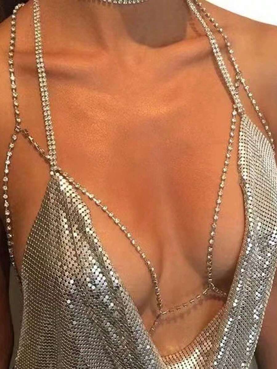 1 pieza Cadena para el Body de bikini de playa exagerada en color plateado, joyería corporal sexy para fotografías callejeras