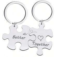 2 件/套女士男士拼图匹配口号 Better Together 雕刻不锈钢情侣钥匙扣 适合情侣 女朋友 男朋友 妻子 丈夫 生日礼物 情人节 圣诞礼物 - 灰色 - 查看 5