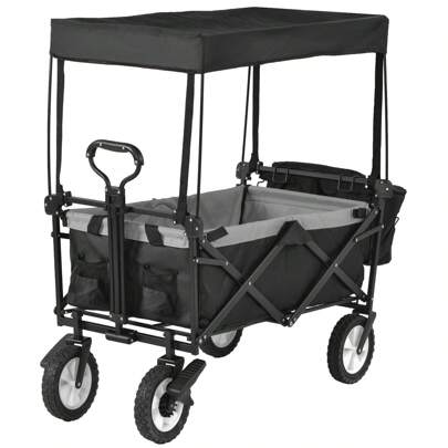 Flieks Garden Cart, Portable Folding Camping Cart With Romovable Canopy, 4 Wheeled 150 KG Capacity Garden Wagon Foldable Pull Wagon With Padded Handle, Hand Cart Garden Transport Cart Collapsible, Black