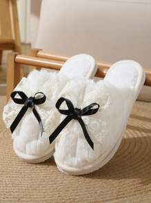 女士可爱蕾丝蝴蝶结拖鞋,舒适轻便室内保暖毛绒便鞋,秋冬 - 黑色 - 查看 5