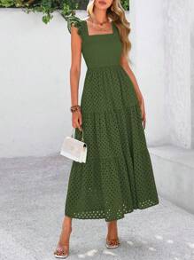 Women's Summer Square Collar Long Dress With Sleeve Cap Hole Eye Ruffles Layered A-Line Casual Vacation Long Skirt With Pockets - 軍綠色 - 查看 1