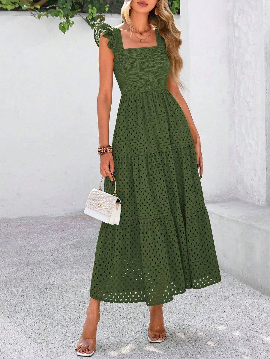 Women's Summer Square Collar Long Dress With Sleeve Cap Hole Eye Ruffles Layered A-Line Casual Vacation Long Skirt With Pockets - 軍綠色 - 查看 1