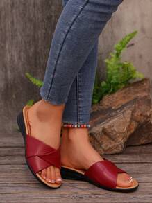 Women's Wedge Sandals, Casual Vacation Open Toe Thick-Sole Slip-On Shoes, Comfortable, Plus Size 43,Beach Outfits,Slippers Women - Red - View 6