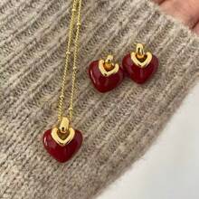 1 Set Enamel Cherry Burgundy Heart Necklace & Earrings, Simple French Elegant Clavicle Chain Jewelry Gift