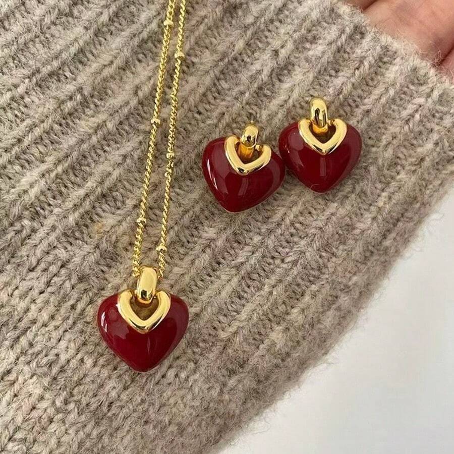 1 Set Enamel Cherry Burgundy Heart Necklace & Earrings, Simple French Elegant Clavicle Chain Jewelry Gift