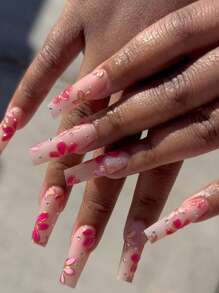 2 piezas Calcomanías de uñas 3D con flor de hibisco rosa dorada, pétalos de flor de corazón rojo degradado, trébol de cuatro hojas, lazo asimétrico y líneas metálicas a rayas estilo Y2K holográfico para decoración de uñas, suministros de arte de uñas