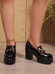 Thick Sole Loafers Women Platform Chunky Heel Shoes Soft Leather Black Deep Mouth High Heel Small Leather Shoes Chunky Heel High Heel Commuting Work Slip-On Loafers Deep Mouth Chunky Heel Shoes Women Mid-Heel Women Shoes High Heel Patent Leather