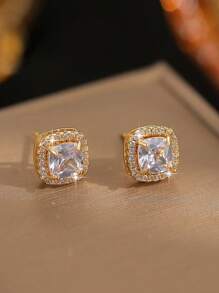 1 Pair Square Gold Zirconia Stud Earrings, Suitable For Women And Girls, Can Be Used As Wedding Or Date Gifts - Gold - View 8