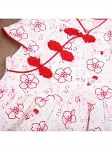 Girls Kids Chinese Qipao Dress Summer Short Sleeve Floral Print Pleated Tutu Dress Classical Dress Outfit Set Cloths - Đỏ - Xem 3