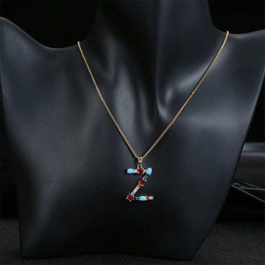 1 sztuka damska moda miedź mikroset kolorowy cyrkonia bambusowy łańcuszek 26 liter wisiorek naszyjnik nadaje się na prezenty - 26 liter - Zobacz 1