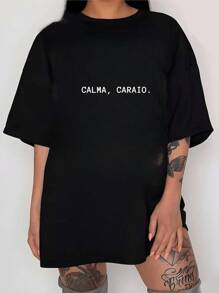 Women's Cotton T-Shirt Streetwear Calm Down Caraio - Black - View 2