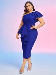 ADYCE Plus Size Women Ruffle Sleeve Multi-Layered Flare Party Bandage Dress, Wedding Guest Cocktail Dress - Blue - View 5