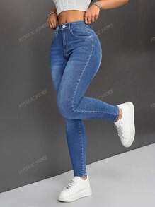 Jeans Mujer De Mezclilla Jeans ajustados de cintura alta para mujer, mezclilla elástica, estilo casual, azul clásico, pantalón largo, ropa de uso diario a la moda Vaqueros Ajustados De Cintura Alta Lavados