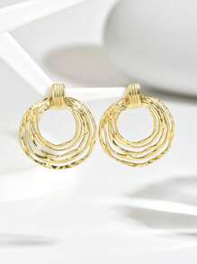 1pair Fashionable Stainless Steel 3-Hoop Circle Stud Earrings, Chic Personalized Vintage Style Party Earrings Accessory For Women - Yellow Gold - View 12