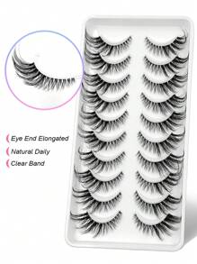 Asiteo 10 Pairs Fluffy Cartoon Cat Eye False Eyelashes, Extended Outer Corner, With Soft Transparent Lash Band - Hitam - View 3