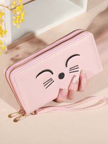 可爱猫咪印花钱包 女式仿皮 带卡槽和拉链口袋 双拉链卡包 钱包 钱夹 长款钱包 钱包 腕包 - 彩色 - 查看 15