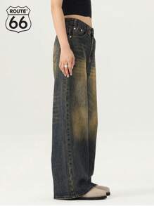 Route66 男女休闲宽松直筒阔腿牛仔裤带斜口袋，美式复古水洗效果长裤 - 藍色 - 查看 2