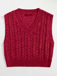V-Neck Braided Knit Sweater Vest - Đỏ - Xem 2