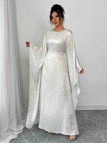 女式圆领可调节腰部休闲连衣裙，采用闪亮面料，端庄大方 - 杏色 - 查看 3