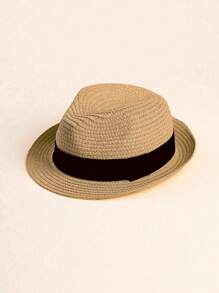 1pc Kids/Baby Plain Straw Hat, Sunhat, Casual Everyday Wear, Spring/Summer/Autumn - Khaki - View 1