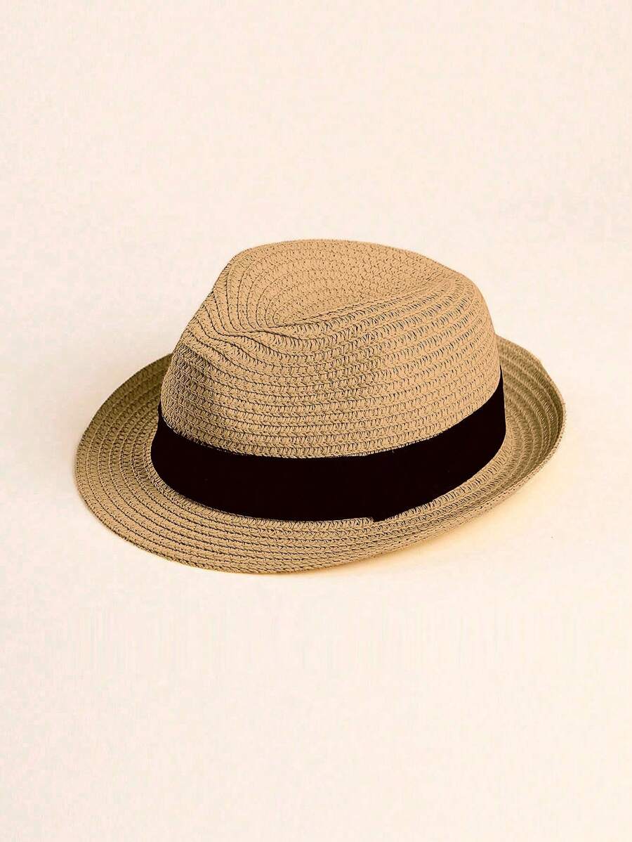 1pc Kids/Baby Plain Straw Hat, Sunhat, Casual Everyday Wear, Spring/Summer/Autumn - Khaki - View 1