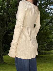 Women Y2K Fairy Grunge Knitted Shirt Top Vintage Long Sleeve Square Neck Button Tunic Tops Retro Peplum Blouse Sweaters Aesthetic Clothes Knitwear - White - View 2