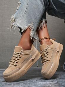 (Size Runs Small) Women's Minimalist Solid Color Patchwork Detail Front Tie Skateboard Shoes, Round Toe Platform Comfortable Casual Sneakers