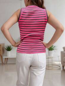 Top de vestir de mujer, Camiseta sin mangas con rayas para mujer con cuello redondo, sin mangas, casual - Rosa Fucsia - Ver 2