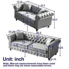 Button Tufted 3 Seats / 2 Seats Combo Sofa Couch With Nailhead Trim&Roll Armrest, Modern Living Room Sofa Set With Solid Wood Frame, Upholstered Mid Century Modern Couch With Wooden Legs, Chesterfield Sofa With 4 Cushions For Living Room, Apartment & Office Furniture - 灰色 - 查看 2