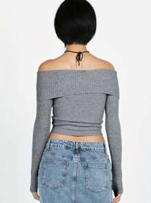 Womens Off-Shoulder Cropped Tops Solid Color Ribbed Boat Neck Long Sleeve Show Navel Knitwear - Grey - View 5