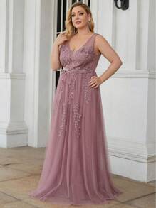 EVERPRETTY Plus Size Embroidery Maxi Long Ethereal Tulle, Bridesmaid Dress - Dusty Pink - View 4