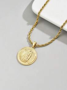 1 件复古金属不锈钢镀金扭链项链配圆形瓜德罗普圣母玛利亚吊坠，欧洲宗教风格高端金色圣母玛利亚吊坠项链 - 金色 - 查看 10