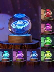 1pc 3D Crystal Ball Night Light 7 Color Light, Clear Crystal Ball With Wood Base, Night Light With Moon & Galaxy & Planet & Saturn Pattern,Solar System Space Themed Crystals, For Baby Room Night Light,Creativity Luxury Ornaments,Send Birthday Gifts To Boys And Girls Graduation